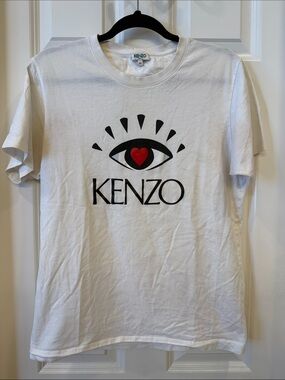 Kenzo White Short-Sleeve Tee with Black Logo and Red Heart Eye